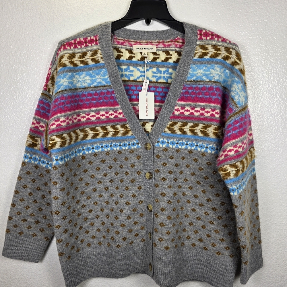 Lucky Brand Gray/Pink Multi Aztec Fair Isle Look Cardigan Sz‎ L